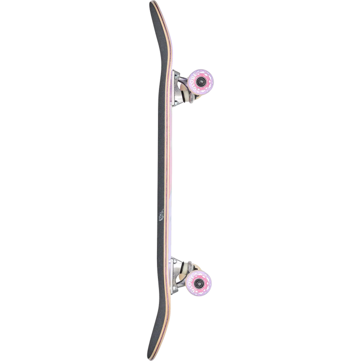Skateboard with black deck and pink wheels on a white background