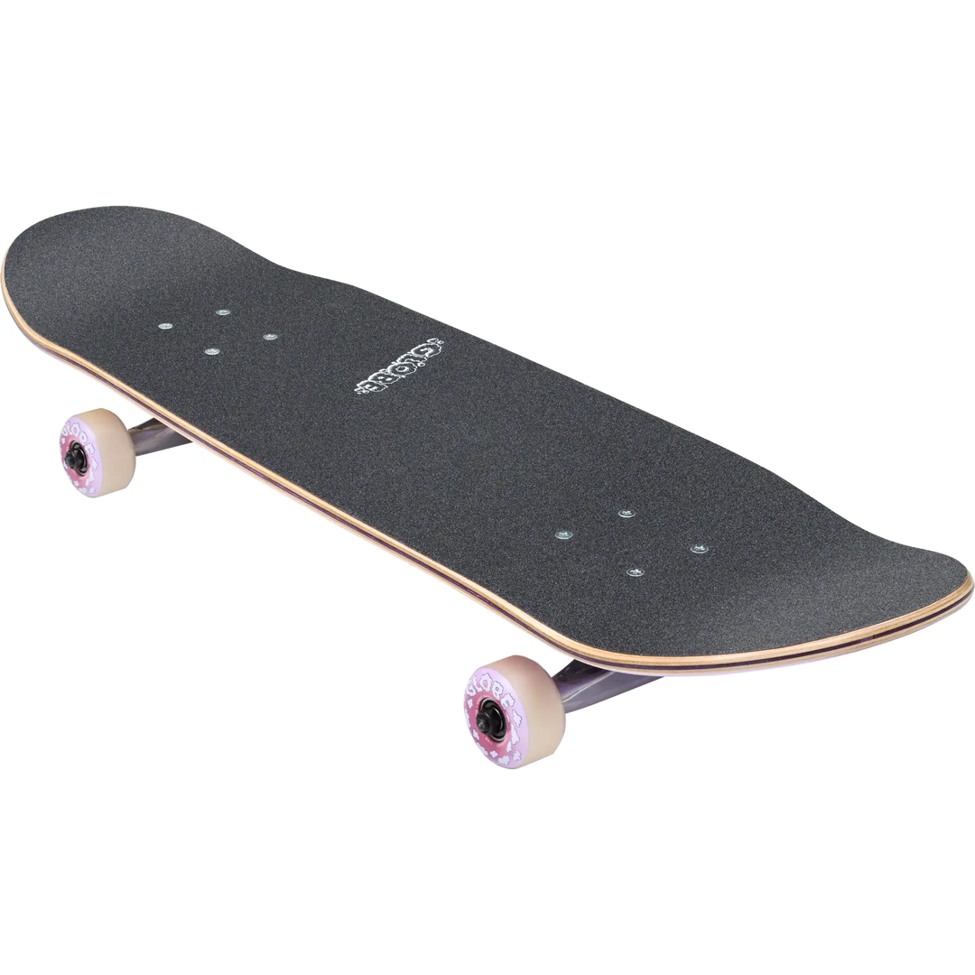 Skateboard with black deck and beige trucks on a white background