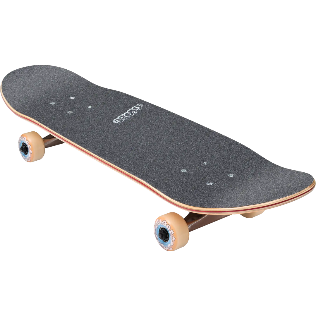 Skateboard with a black deck and orange trucks on a white background