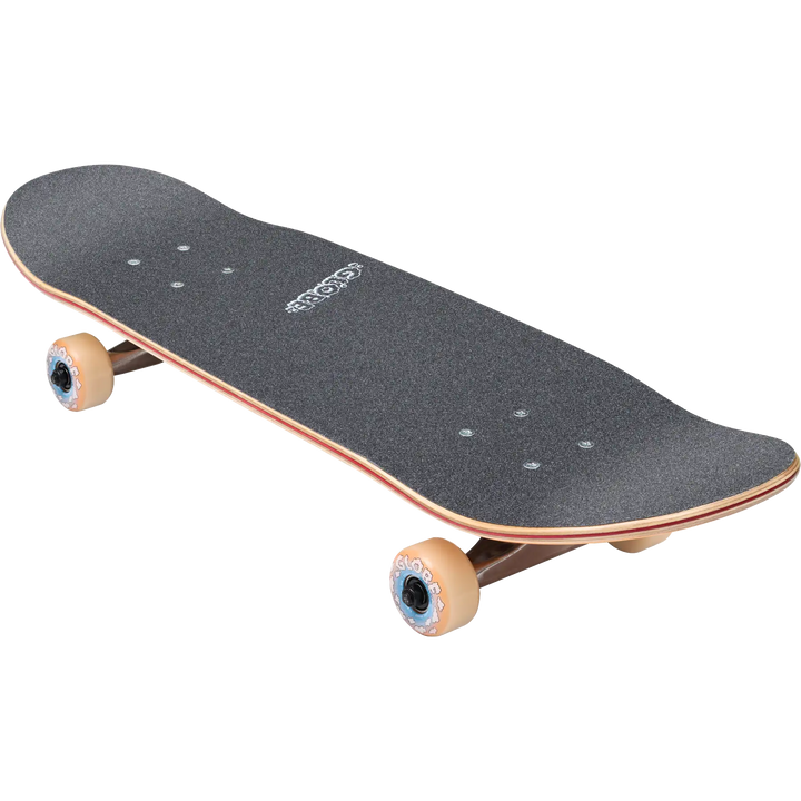 Skateboard with a black deck and orange trucks on a white background