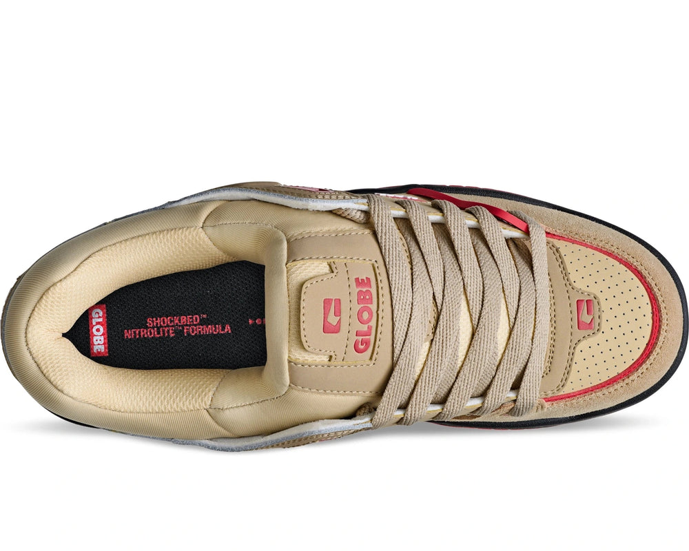 Beige sneaker with red accents on a white background