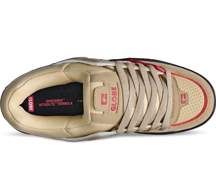 Beige sneaker with red accents on a white background