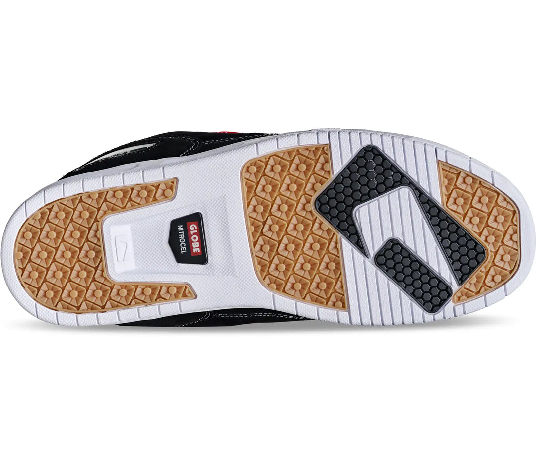Close-up of a shoe sole with brown tread pattern on a white background