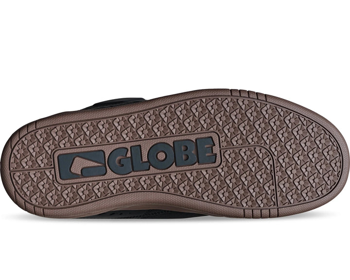 Globe logo on the sole of a brown shoe