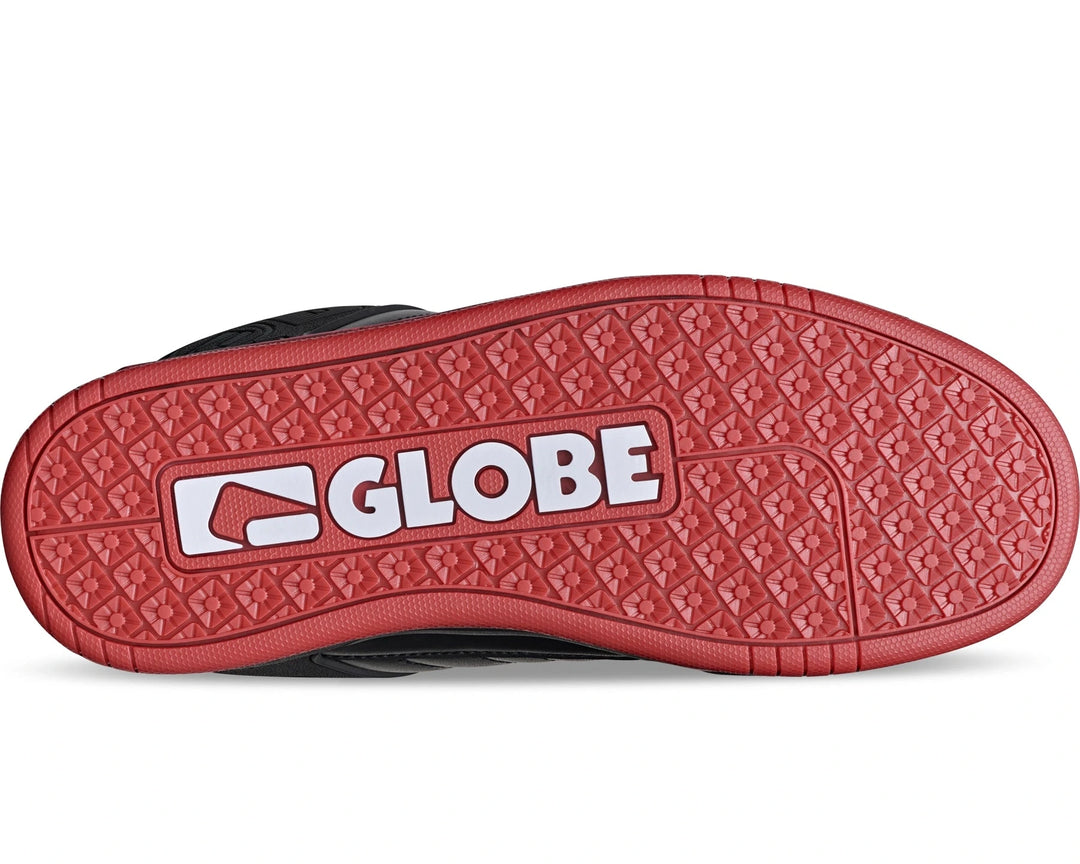 Red shoe sole with 'Globe' logo on a white background