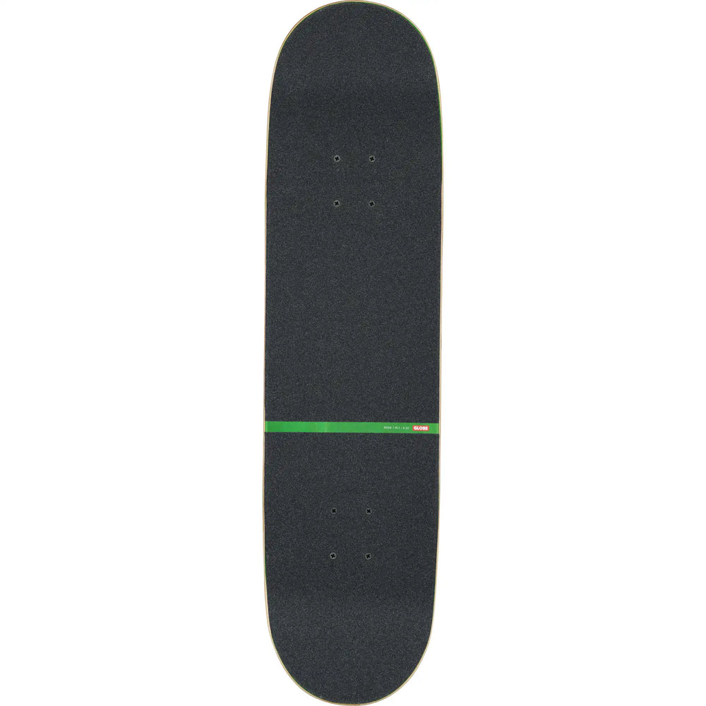 A skateboard deck with black grip tape and a distinctive green horizontal stripe across the center, isolated on a white background.