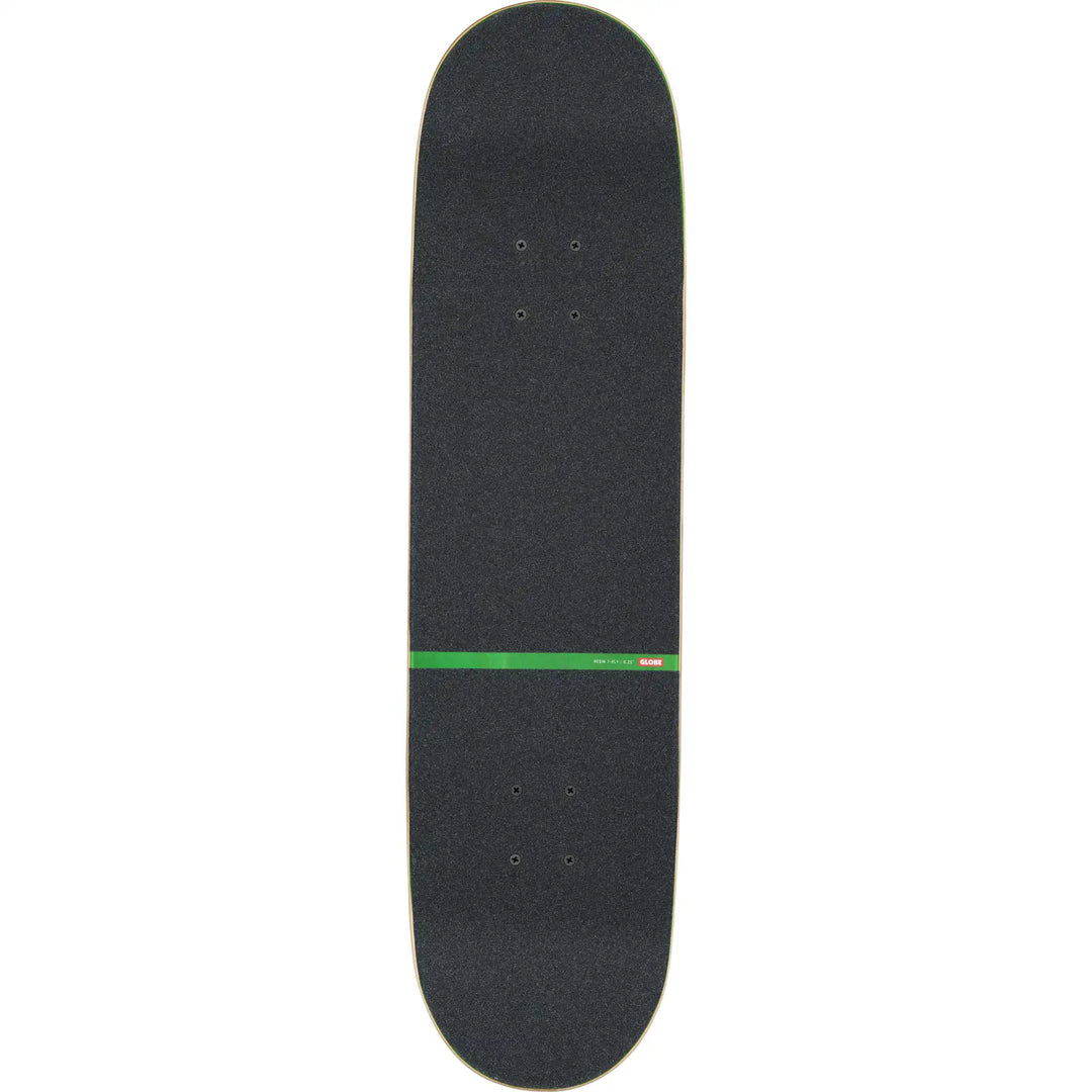 A skateboard deck with black grip tape and a distinctive green horizontal stripe across the center, isolated on a white background.