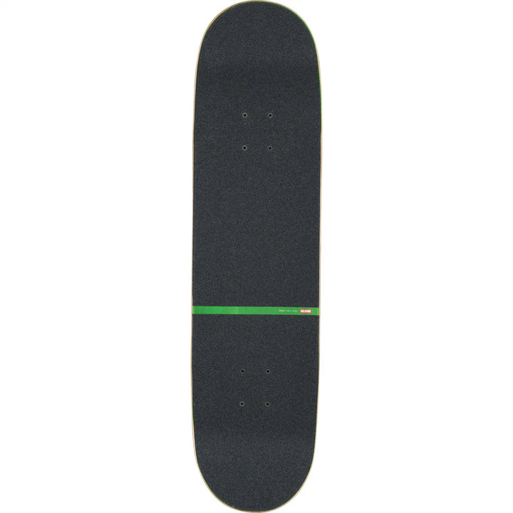 A skateboard deck with black grip tape and a distinctive green horizontal stripe across the center, isolated on a white background.