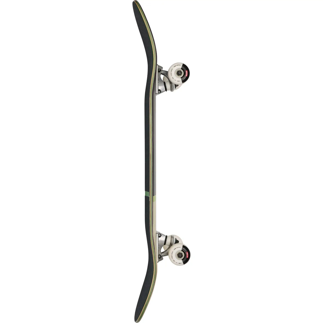 A skateboard shown vertically from the side against a plain white background, featuring a black deck with a thin olive-green edge stripe, white trucks, and wheels with red and white accents.