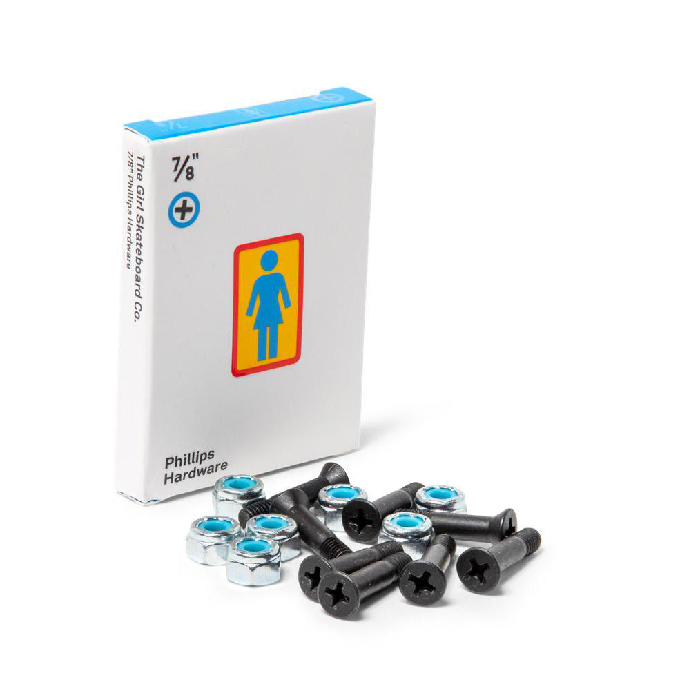 Girl 7/8" Phillips skateboard hardware set with blue locknuts and Girl logo packaging.