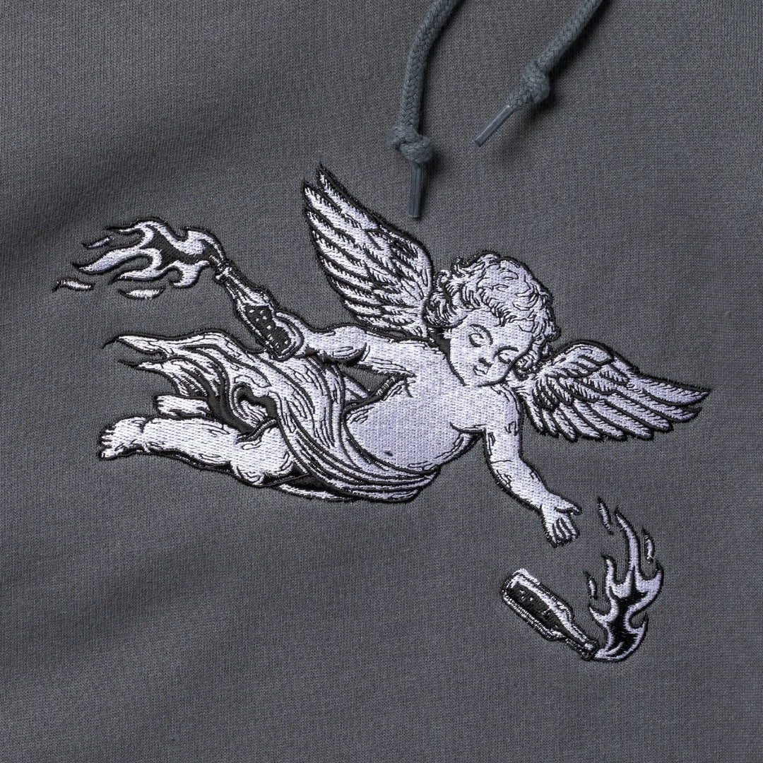 Embroidered angel design on a dark gray hoodie