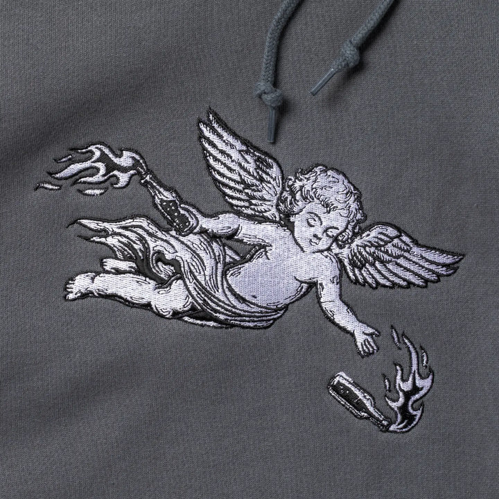 Embroidered angel design on a dark gray hoodie