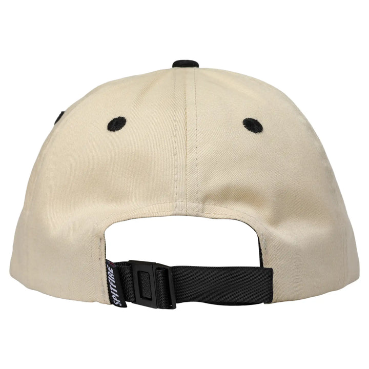 Beige cap with black strap and small black accents on a white background