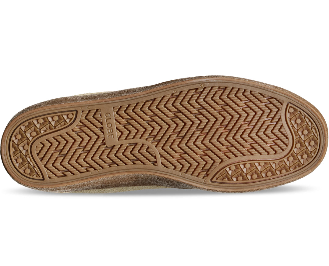 The bottom sole of a brown suede shoe, showing a textured herringbone pattern and the embossed brand name 'GLOE'.