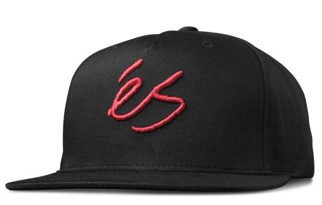 éS Script Snapback Hat in black with red embroidered script logo, flat brim, and adjustable snapback closure.