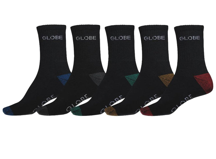 Globe Ingles Crew Socks 5 Pack in black with ribbed cuffs and cushioned footbed—classic skate socks for all-day comfort.