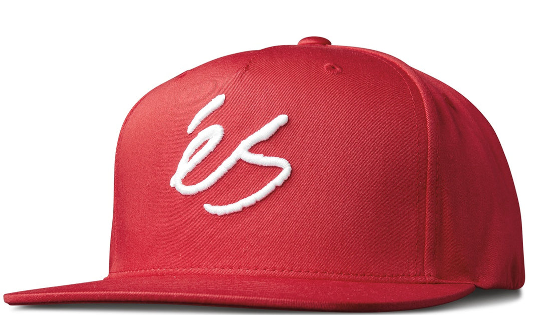 éS Script Snapback Hat in red with white embroidered script logo, flat brim, and adjustable snapback closure.