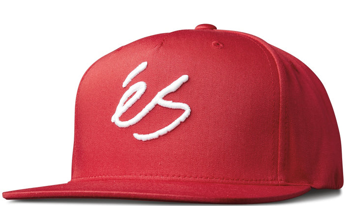 éS Script Snapback Hat in red with white embroidered script logo, flat brim, and adjustable snapback closure.